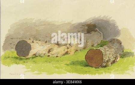 Troncs d'arbres sciés devant un mur à Oberwesel, 1858. Banque D'Images