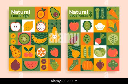 Fruits et légumes naturels sur fond géométrique. Icônes de modèle lumineux des fruits et légumes les plus populaires pour le web, la conception, l'emballage, l'étiquette, la publicité et l'impression. Illustration vectorielle. Illustration de Vecteur