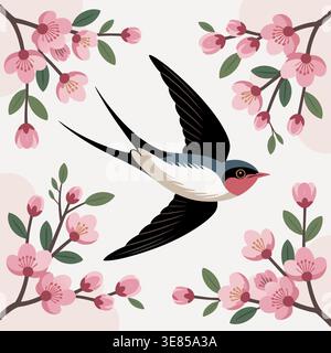 Illustration d'une hirondelle en vol entourée de branches de fleurs de cerisier en fleurs sur fond rose pâle, suggérant le printemps. Illustration de Vecteur