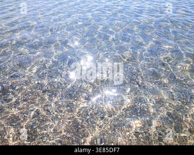 Eau transparente propre sur le littoral sablonneux peu profond avec des coquillages avec des coquillages sur la journée ensoleillée d'été. Éblouissement du soleil sur la surface de l'eau. Petites vagues sur la côte de la mer. Nature en toile de fond. Arrière-plan naturel Banque D'Images