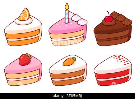 Ensemble de tranches de gâteau différentes. Mignon dessin animé fruit et gâteau au chocolat, anniversaire et gâteau aux carottes, velours rouge. Illustration vectorielle isolée. Illustration de Vecteur