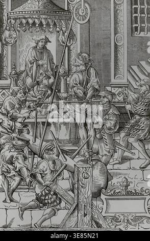 Scène de torture médiévale : L'Estrapade, ou question extraordinaire, 1541, (1878). La torture consistait à resserrer progressivement les contraintes du prisonnier en tournant une roue jusqu'à ce qu'un aveu soit extorqué ou que sa vie soit mise en danger. D'après une gravure dans "Praxis Criminalis Persequendi" de J. Millaeus, publiée à Paris en 1541. Extrait de "moeurs, usages et costumes au moyen-âGE et à ; l'époque de la Renaissance" de Paul Lacroix, Paris, 1878. Banque D'Images