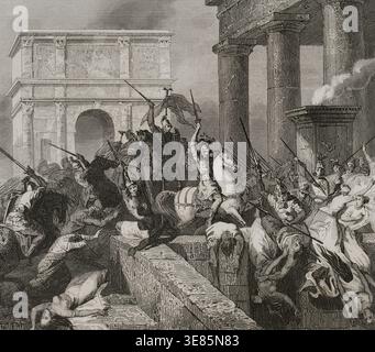 Sac de Rome par les Wisigoths dirigés par Alaric Ier en 410, sous le règne de l'empereur Honorius, 1853. Sa sœur, Gala Placidia, a été capturée et emmenée captive. Extrait de "Las Glorias Nacionales", vol II, édition Madrid-Barcelone, 1853. Banque D'Images