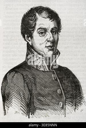 Rafael del Riego (1784-1823), général espagnol et politicien libéral, qui a joué un rôle clé dans le déclenchement du triennat libéral en 1853. Extrait de "Historia General de España" du Père Mariana, Madrid, 1853. Banque D'Images