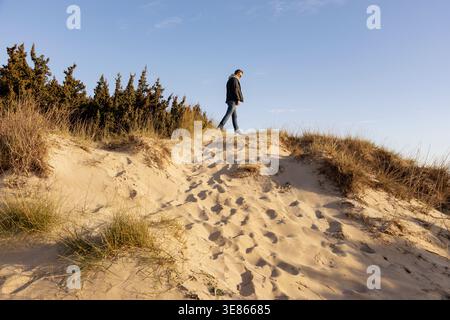 Homme solitaire marchant le long d'une crête de dune de sable, entouré d'herbe sèche et d'arbustes, sous un ciel bleu clair. Paysage côtier paisible avec des empreintes de pas en s. Banque D'Images