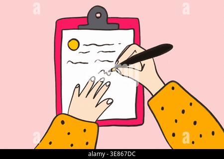 Illustration vectorielle minimale de mains signant un contrat financier sur un presse-papiers, symbolisant la gestion de l'argent, accord commercial, documents juridiques, a Banque D'Images