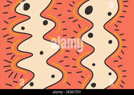 Illustration de motif organique abstrait avec des formes crèmes ondulées sur fond de corail, des points noirs et des tirets, des accents jaunes subtils, sans couture te moderne Banque D'Images