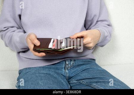 Portefeuille en cuir avec cartes de crédit et de débit en plastique et espèces Banque D'Images