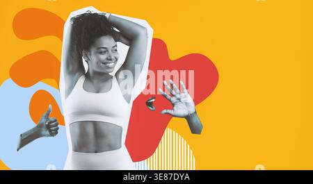 Femme afro-américaine souriante dans l'équipement d'entraînement montre la joie sur un fond jaune vif Banque D'Images