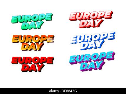 Six dessins de texte 3D colorés lisant la journée de l'europe dans différents schémas de couleurs, disposés en deux colonnes sur fond blanc Illustration de Vecteur