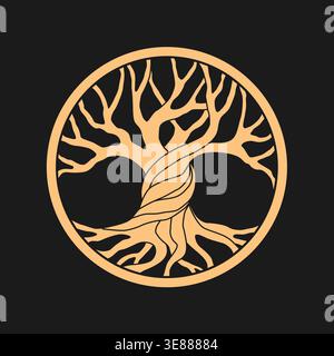 Illustration stylisée d'arbre celtique de vie en couleur or sur fond sombre. Parfait pour les logos, tatouages, projets spirituels, décoration intérieure et e. Illustration de Vecteur
