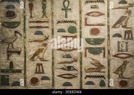 Hiéroglyphes, le Grand Musée égyptien, Grand Musée égyptien, GEM, Gizeh, le Caire, Égypte Banque D'Images