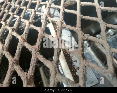 Gros plan en grand angle d'une grille ou d'un treillis métallique à motif diamant fortement rouillé et abîmé. Banque D'Images