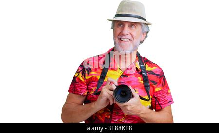 Homme de tourisme senior tenant la caméra appréciant le passe-temps de voyage Banque D'Images