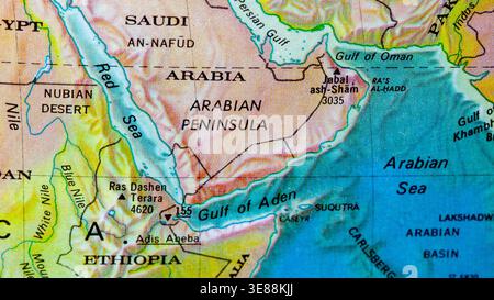 Carte montrant le détroit de Bab el Mandeb entre le Yémen et la Corne de l'Afrique, un passage maritime vital pour la navigation mondiale. Souvent référencé en relation Banque D'Images