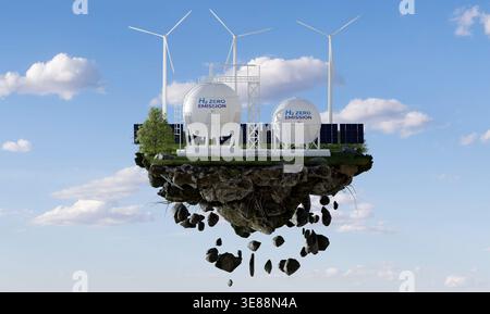 Concept d'énergie renouvelable hydrogène sur Floating rchipelago, rendu d'illustration 3D. Banque D'Images