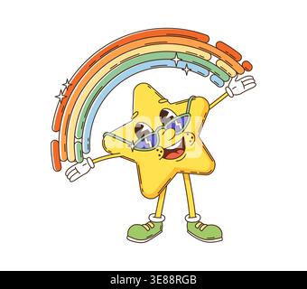 Personnage d'étoile groovy de dessin animé avec arc-en-ciel, bras levés, lunettes de soleil et visage souriant heureux. Mascotte d'étoile hippie rétro Vector y2k montrant la joie, la paix et l'émotion ludique. Personnage vintage fantaisie Illustration de Vecteur