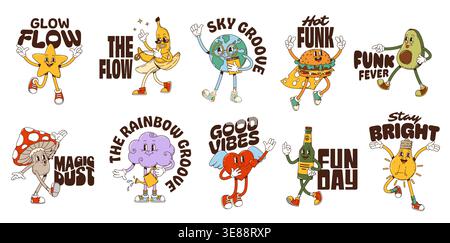 Autocollants rétro funky Y2K groovy hippie personnages. Mascottes funky vectorielles dansant et souriantes. Étoile, banane, avocat, ampoule, mouche agarique, terre, hamburger, nuage, coeur, et bouteille de bière pour la mode Y2K Illustration de Vecteur