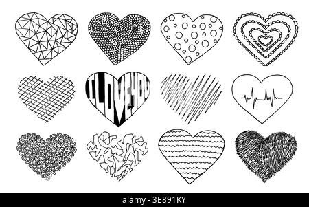 Collection Doodle Hearts. Ensemble de symbole d'amour dessiné à la main, illustration vectorielle de style à main levée. Illustration de Vecteur