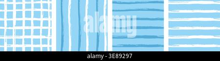 Ensemble de motifs sans couture côtier bleu. Baby Stripes pinceau coup et grille Vichy pour un thème masculin ou pastel de mer. Arrière-plans sans couture à stries abstraites ondulées Illustration de Vecteur