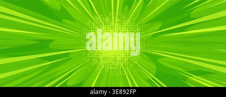 Fond comique vert avec texture demi-teinte pop art et motif starburst. Style de dessin animé rétro avec rayons radiaux, effet pointillé et motif Sunburst. Toile de fond abstraite vibrante pour les affiches de super-héros. Illustration de Vecteur