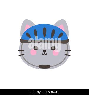Mignon visage de chat gris kawaii portant casque de vélo bleu illustration vectorielle clipart autocollant Illustration de Vecteur