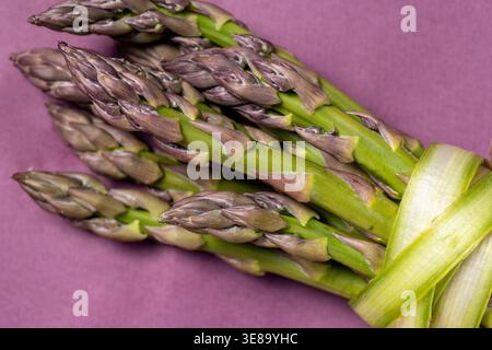 Faisceau d'asperges liées ensemble sur une surface violette. Banque D'Images