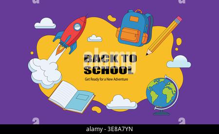 Bannière de retour à l'école avec des éléments éducatifs, y compris le crayon de livre sac à dos fusée et le globe représentant l'apprentissage et le concept d'étudiant Illustration de Vecteur