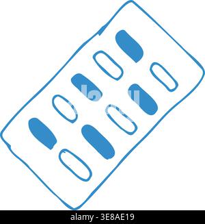 Blister bleu dessiné à la main avec des capsules dans le style de contour doodle. Illustration vectorielle linéaire simple de pilules de médicament isolées sur fond blanc Illustration de Vecteur