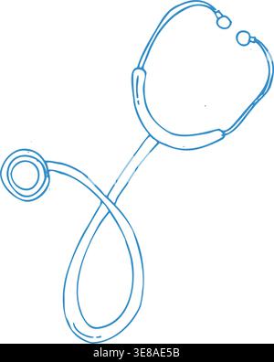 Icône de contour bleu de stéthoscope dessinée à la main. Illustration vectorielle Doodle dans un style linéaire simple. EQUIPEMENT médical pour le diagnostic, concept de jour du médecin. St. Illustration de Vecteur