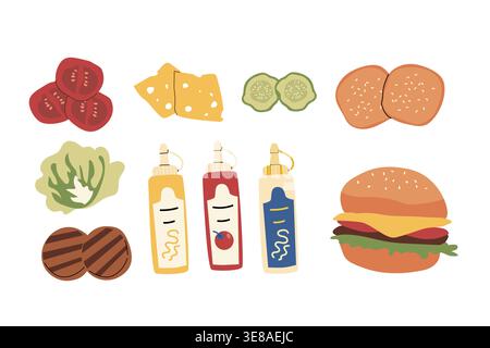 Ensemble d'éléments vectoriels Burger. Ingrédients pour hamburger - salade, tomate, viande grillée, sauce et concombre. Illustration vectorielle plate de dessin animé isolée sur Illustration de Vecteur