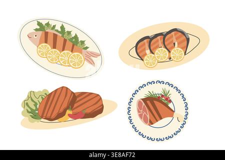 Steaks de viande et de poisson grillés et jambon sur assiettes. Illustration vectorielle dans le style plat de dessin animé. Plats de poisson et de viande isolés. Illustration de Vecteur