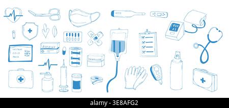 Trousse de premiers soins à griffonner. Présentez l'équipement médical bleu et la trousse de pharmacie. Moniteur de pression artérielle, poche froide instantanée, analgésique, aspirine et autres pilules et outils de soins de santé. Illustration de Vecteur