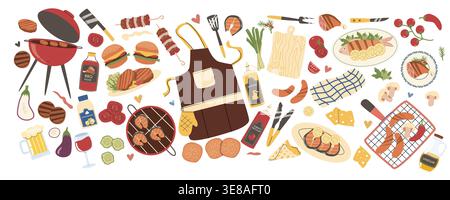 Ensemble d'éléments de fête barbecue : viande, poisson, saucisses, champignons, hamburger et légumes. Illustration vectorielle plate de dessin animé isolée sur blanc, idéale pour les menus de barbecue, fond de nourriture grillée. Illustration de Vecteur
