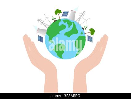 Main tenant la terre. Sauvez le monde. Économisez de l'énergie. Concept écologique et d'énergie verte. Illustration de Vecteur
