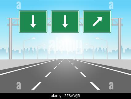 Autoroute avec panneau de signalisation. Autoroute avec panneau routier. Panneau de signalisation. Illustration vectorielle isolée sur fond blanc. Illustration de Vecteur