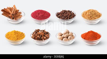 Collection de différentes épices sur fond blanc Banque D'Images