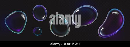 Bulles de savon 3D ensemble isolé sur fond transparent. Illustration réaliste vectorielle de sphères d'eau abstraites flottant dans l'air, réflexion de la lumière sur la surface irisée brillante, mousse détergente de lavage Illustration de Vecteur