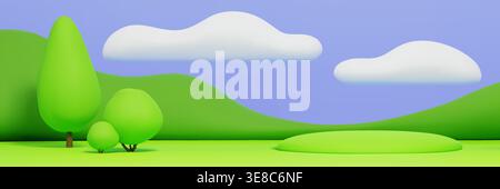 Joli fond de parc pour enfants 3D avec des collines d'herbe verte, ciel bleu avec des nuages moelleux blancs et podium. Scène de terrain de jeux d'enfants de dessin animé avec des arbres, paysage de champ de printemps de la nature dans le style de la plasticine Illustration de Vecteur