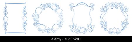 Cadre citron italien avec illustration d'agrumes. Bordures d'esquisse d'encre bleue doodle méditerranéenne avec des fruits, des feuilles et des fleurs ensemble vecteur isolé sur blanc. Art au trait d'été, modèles de design vintage Illustration de Vecteur