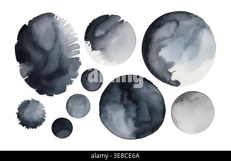 Teinture d'encre à l'aquarelle abstraite forme un cercle monochrome gris lavage texture fluide organique Illustration de Vecteur