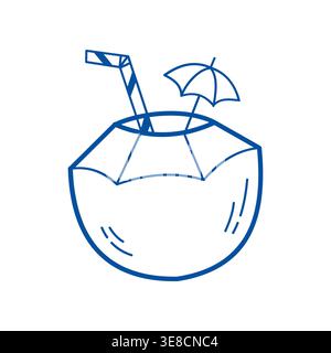 Icône de boisson tropicale de vecteur de cocktail de noix de coco Blue Line art doodle pour la marque de plage. Illustration de Vecteur