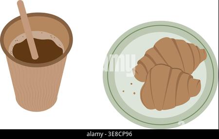 Americano dans la tasse en papier et croissant sur l'assiette Journée du café, élément de conception de la Journée internationale du croissant. Illustration vectorielle isolée cartes thématiques inviter bannière promotionnelle, dépliants, publication dans les médias Illustration de Vecteur