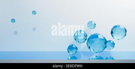 Sphères de verre bleues flottant sur un fond de surface bleu clair Banque D'Images