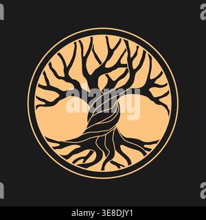 Illustration stylisée d'arbre celtique de vie en couleur or sur fond sombre. Parfait pour les logos, tatouages, projets spirituels, décoration intérieure et e. Illustration de Vecteur