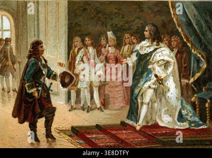 Louis XIV dans la vieillesse : Villard se tient devant le roi Louis XIV de France, racontant les batailles qu'il vient de mener. Banque D'Images