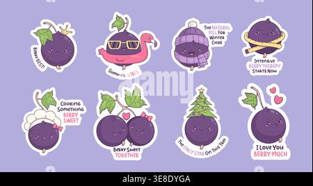 Lot d'autocollants mignons et ludiques pour cassis. Personnages drôles de Kawaii Berry dans différentes humeurs, tenues et vibrations de style de vie confortables avec des citations de jeu de mots. Isola Illustration de Vecteur