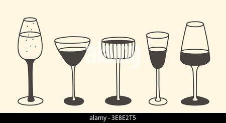 Verres avec boissons alcoolisées, y compris vin, martini, champagne et Porto, style doodle. Ensemble simple de lunettes à longue tige dessinées à la main Illustration de Vecteur