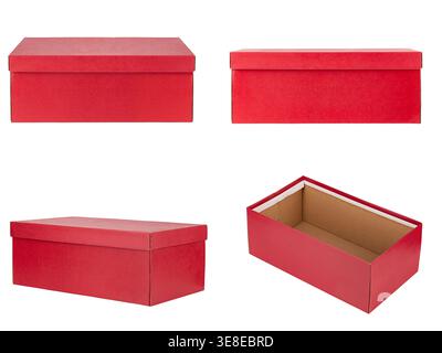 Ensemble de boîtes-cadeaux en carton rouge avec couvercle dans différentes positions, y compris boîte fermée et ouverte, isolé sur fond blanc. Maquette d'emballage pour soutien-gorge Banque D'Images