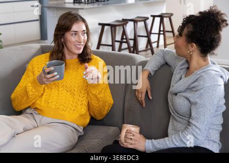 Amies femmes discutant sur le canapé gris dans le salon, portant des chandails et tenant des tasses en céramique. Conversation, amitié, confortable, chaleureux, moderne, décontracté, lumière naturelle Banque D'Images